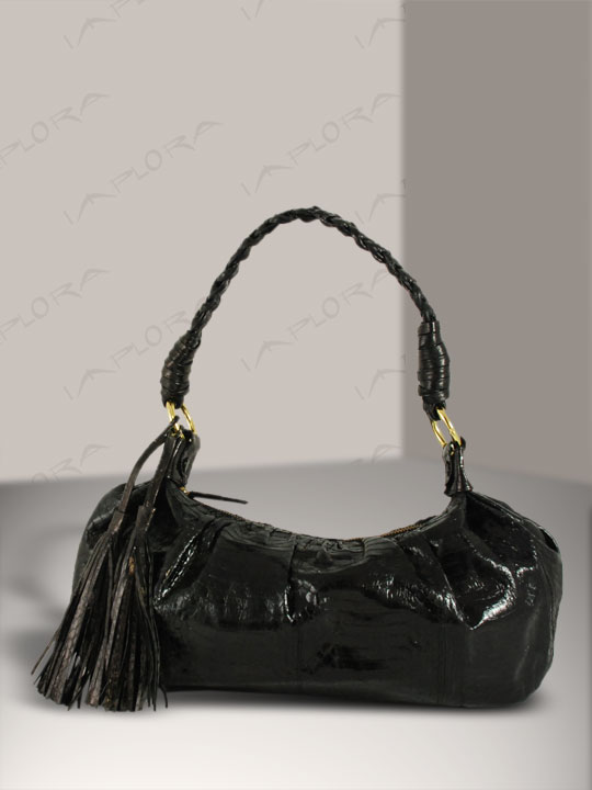 Leather Implora Black Cobra Skin Braided Tassel Bag